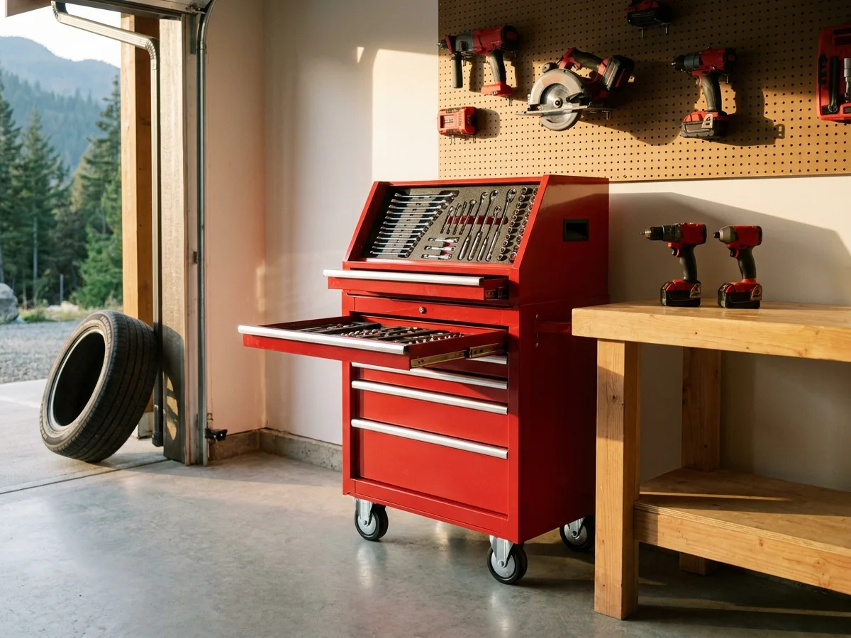 A well-equipped home garage workbench