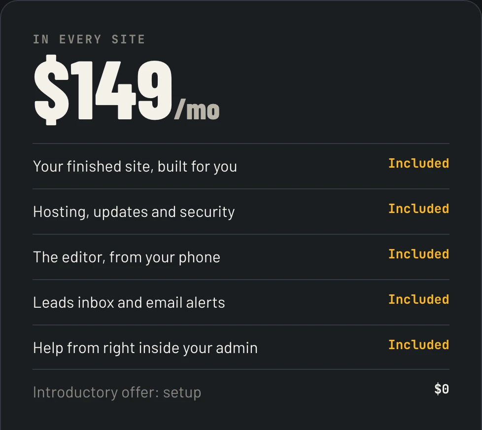In every site, $149 a month: your finished site built for you, hosting, updates and security, the editor from your phone, leads inbox and email alerts, and help from right inside your admin, all included. Introductory offer: $0 setup on your site, for a limited time.